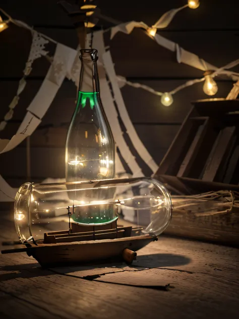 pirate ship in glass bottle, vine bottle, paper ship, wooden ship bottle, fairy lights in bottle