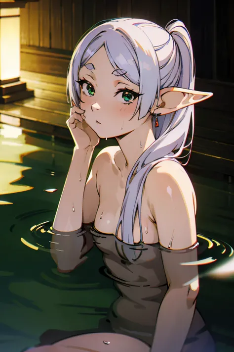 (masutepiece, Best Quality, very detailed illustration, 8K UHD), freeze, Green eye, elf, pointy ear, White hair, Hair Ornament, Bathing, hot onsen, fullnude, Little girls body，Wet, ｛little girl showing off a letter｝, Sexy Pose, Upper body, Looking at Viewe...