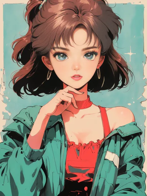 ((((Стиль аниме 90-х,Стиль 1990-х,1970s anime，have the style of folk portraits，Retro style posters,retro fashion in chicano style，Renaissance,  retro style inspiration retro, stone visual aesthetic style, Details, hand-drawn, fresh and clean appearance，)))...