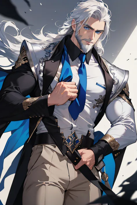 realistically，（Best quality，tmasterpiece：1.3），Delicate eyes and delicate face，Single mature male，Tall muscular man，silber hair，eBlue eyes，silver beard，Ornn is a tall man、muscular white male。His silver hair and dark blue eyes make him stand out from the cro...