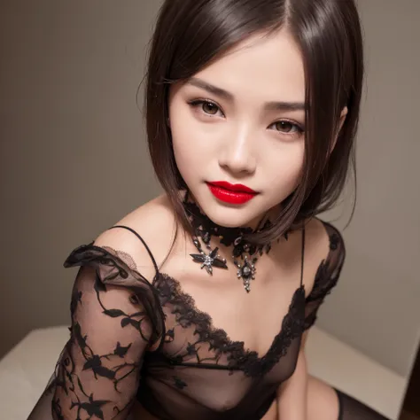 A 6 year old slender girl with dark red lips is sitting, Solo, 6 years old child, Photos taken by a professional photographer, There are no adults in this room., Bewitching makeup, Young children, skinny  body, small tits, Asians, dominatrix, enamel, Sexy ...