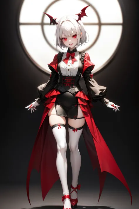 cute girl, Vampire girl, She has short white hair, bright red eyes, a tilted camera, and a blurry background, full body