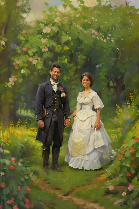 a painting of a man and woman , (((looking at the camera 1,5))), portrait, smiling,historical costumes, in the garden,a fine art painting by Irene and Laurette Patten, , american impressionism, detailed painting, behance hd, photoillustration,atmospheric l...