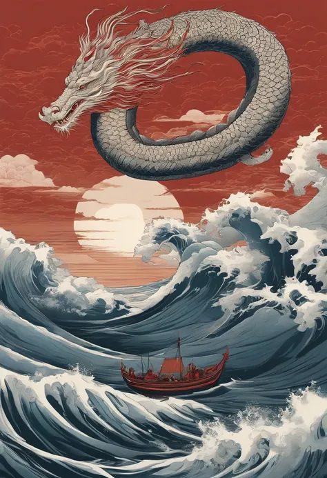 This ukiyo-e style poster design features the Red Sea, Red Chinese loong in ink painting, and a combination of dragons, As a water god, Dragon King, Living in the North Sea, Control thunderstorms at sea, an ancient Chinese god, turtle, drank, The large, St...