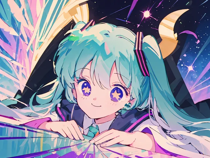 (1girl),(Pop style,flat colors,star pattern,pastel,shiny eyes,Smile,Cosmic atmosphere,colored lineart,outline,simple,Night background, macro shot,pastel night aesthetic),((Masterpiece)), hatsune miku, full height