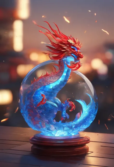 Cute blue dragon baby IP sitting on clear glass bottle，Red lantern，and tall red city walls，There is koi in the glass bottle，Glass reflective blue smooth and delicate skin，eyes with brightness, modeled, Delicate gloss,clean backdrop, Good gloss, 3Drendering...