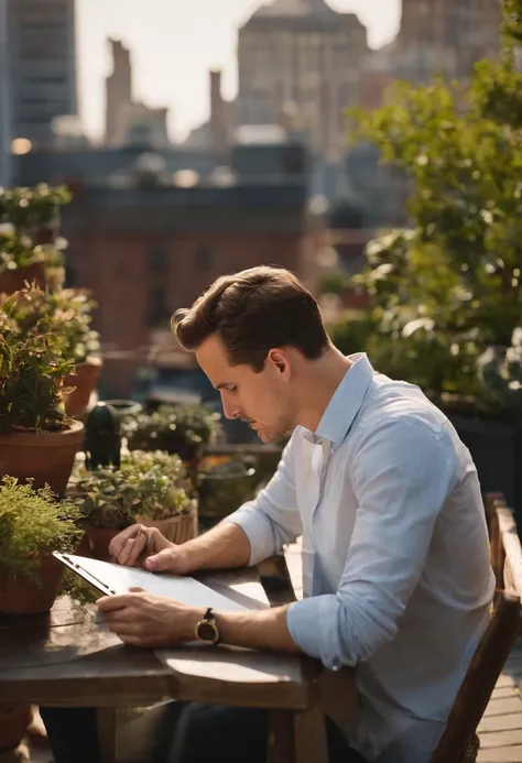 A photo of Spiegel, man, sketching out new ideas on a digital tablet at a cozy rooftop garden,original,Evan Spiegel, white male, short brown hair, cleft chin, male