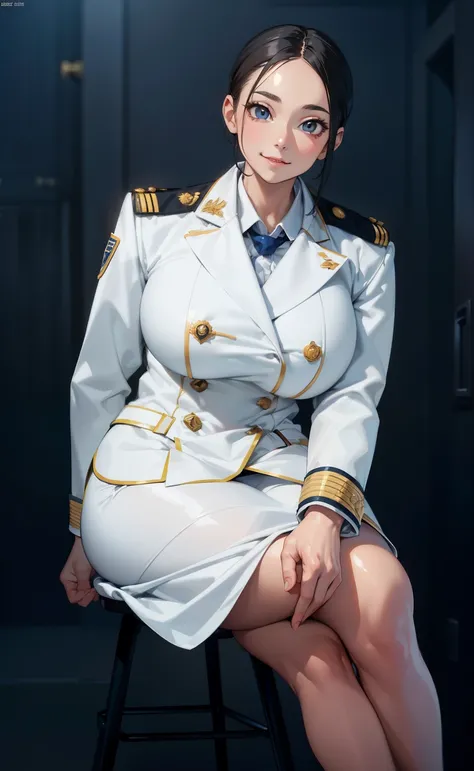 (tmasterpiece:1.2, Best quality at best), actual, (Real pictures, Complicated details, depth of fields), tmasterpiece, Best quality at best, A woman in a white tight uniform sits on a stool, Wearing a soldiers uniform, full uniform, White skin of the, Fair...