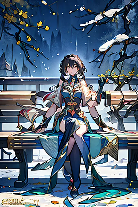 anime girl in a long dress sitting on a bench in the snow, layla from genshin impact, full body xianxia, zhongli from genshin im...