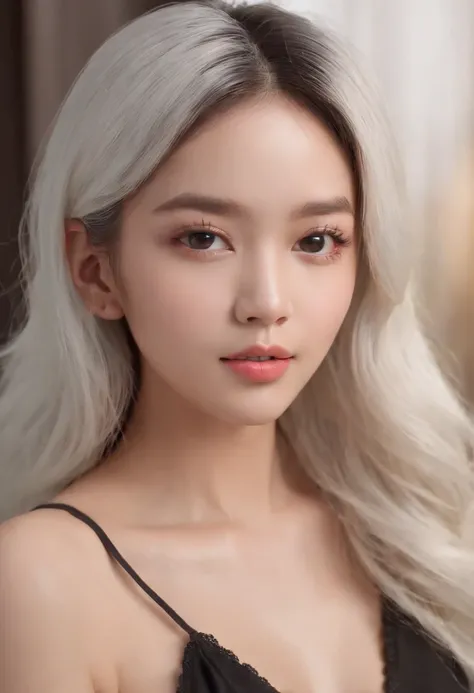 ((Dark African skin, Very deep ebony skin)), perfect white hair girl, Korean facial features, Has white hair, gorgeous young korean woman, ((Its beauty is undeniable)), ((Cute and excited face)), ((Ultra-detailed perfect eyes,)), ((Posture Mignon)), ((lang...