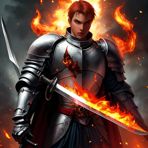 Closeup of knight with sword hanging over shoulder with a red, flaming eye