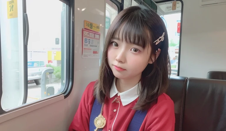 There is a woman sitting in the bus，holding a medal in hand,thai girl, Ruan cute vtuber, sakimi chan, xintong chen, chiho, sakimicchan, short detailed hair, 8K selfie photo, ruan jia beautiful!, yun ling, Cute and delicate face of girl, Young cute asian fa...