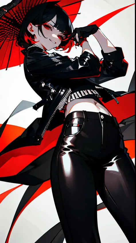 ((top-quality)), ((​masterpiece)), ((ultra-detailliert)), (extremely delicate and beautiful), adult lady, 独奏,heavy make up、leather jackets,leather pant、Black hair、Red inner color hair、Furious look,depth of fields,evil smile,cold attitude,She is very(relax)...