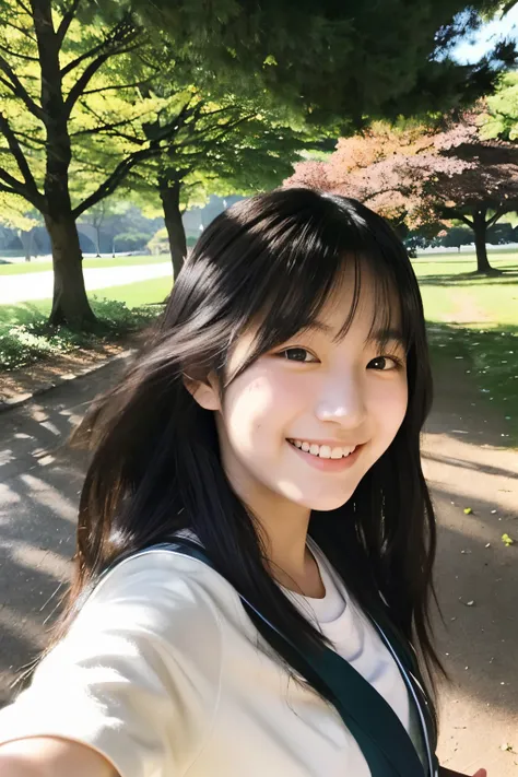 A 20-year-old neat Japanese female college student with long, loose black hair and a lovely smile makes a peace sign while taking a selfie in the park.
​