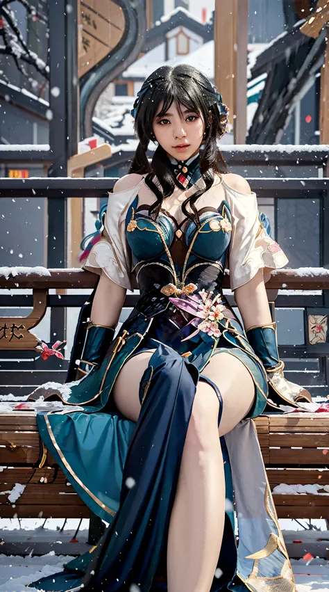 anime girl in a long dress sitting on a bench in the snow, layla from genshin impact, full body xianxia, zhongli from genshin im...