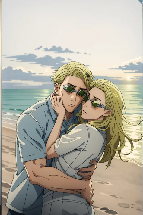 a man and woman hugging on the beach with the ocean in the background,((kentonanami)),masterpiece,highres,high quality,extremely...