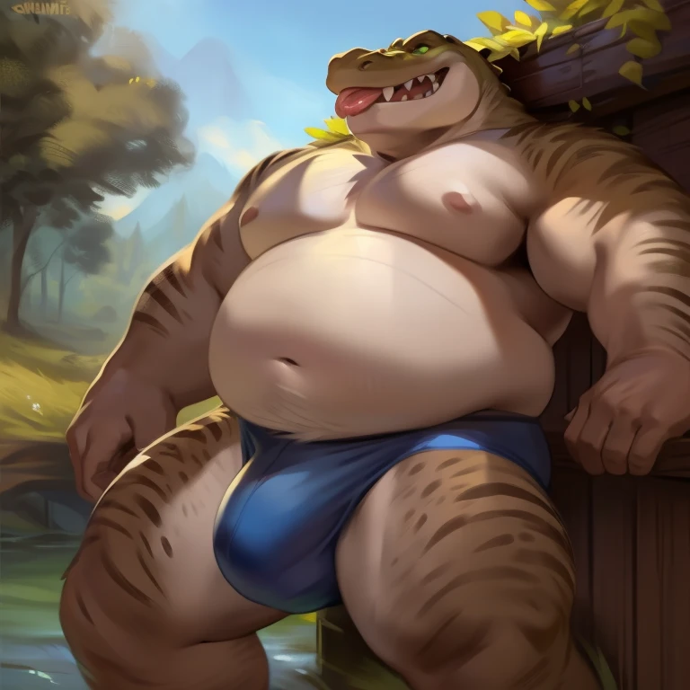 Solo, male, standing, alligator, rape face, hungry expression, grey skin, pink skin, big face, fangs, blep, thick tongue, green eyes, detailed eyes, overweight, flabby, big, massive, giant, fat, big arms, bulge, detailed bulge, detailed crotch, by chunie, ...