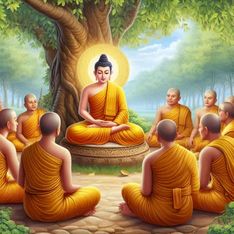 a group of monks sitting in meditation under a tree, buddhism, on path to enlightenment, on the path to enlightenment, hindu sta...