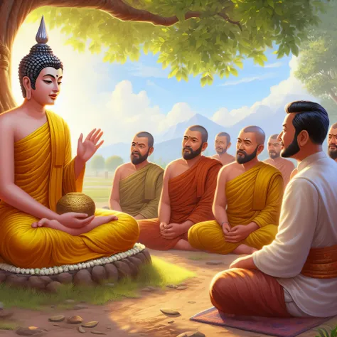 a painting of a group of monks sitting in a circle, buddhism, buddhist, hindu stages of meditation, on path to enlightenment, on the path to enlightenment, enlightenment, the buddha, spiritual enlightenment, monk meditate, samsara, buddha, monks, karma sut...