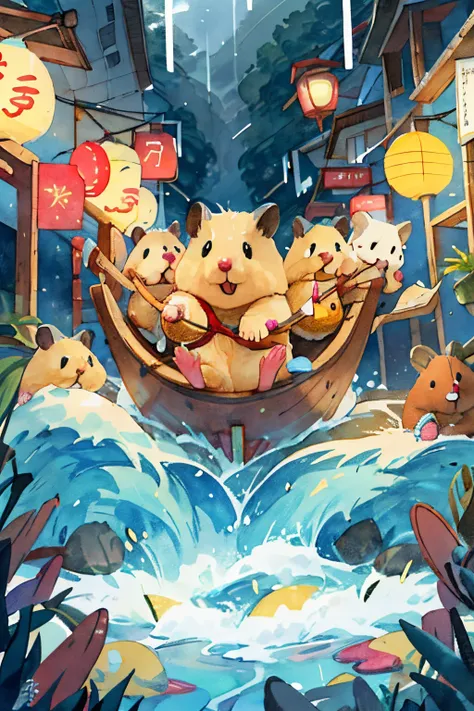 1boy, {{{masterpiece}}}, {{{best quality}}}, {{ultra-detailed}}, {illustration}, 1 hamster inside a boat, spring outing, happy, background is a small river interspersed in Chinese street, perfect quality, clear focus, colorful, perfect face, intricate deta...