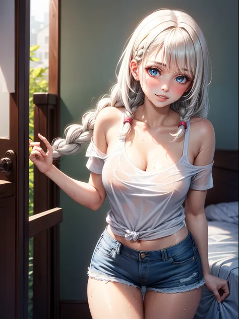 realistic, 1girl, Hair braids, parted lips, blush, makeup, slim, perfect body, light smile, white hair, denim shorts, t-shirt , bedroom background , wet clothes, glow, thighs, blue eye, bare shoulders, collarbone, narrow waist, sunbeam, sunlight, rose, win...