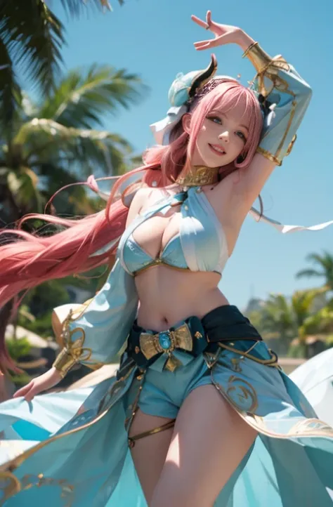 1 Girl solo, Outfits for pink hair, super gigantic boobs，Colossal tits，Cyan eyes, Blue and white flowing clothes, Bareleged，golden accessories, dances, dance，Sunnyday, follow the stream，iridescent light, The smile is bright，having fun