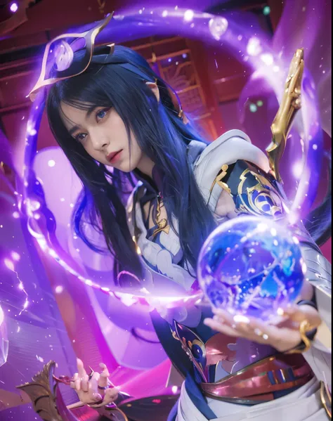 ((Raiden Shogun_Genshin impact)),((realistic, photorealistic)),(highlight hair)), Light reflection, (( HD )), navel, detached sleeves,((upper body)), (((best quality, masterpiece))), arafed image of a woman with blue hair holding a crystal ball, Raiden Sho...