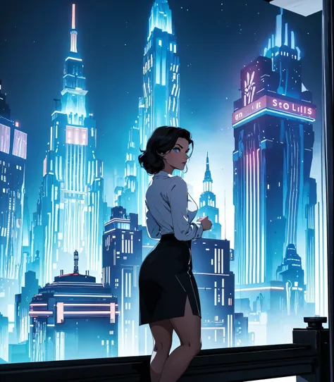 lizoldbs_soul3142, 1girl, black hair, city, cityscape, blue eyes, makeup, lipstick, solo, looking at viewer, skyscraper, buildin...