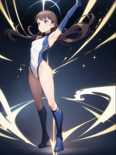 1girl, leotard, bare legs, boots, gloves, space, solo, single, spread arms, standing, spinning like a tornado, light particles, sparkling, super speed, solo, single, speed lines