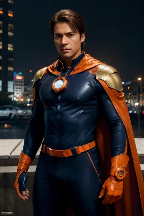 concept-art, Photorealistic, perfect head, Detailed face, Full body, Male, Marvel-style character, Brown hair, Brown eyes, black skin, orange-navy blue tight suit, shoulder protections, blue chest and, orange gloves and boots, medallion with blue gem, futu...