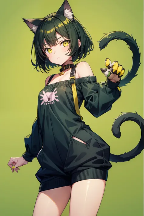 cute girl, Short dark green hair, yellow eyes, cat ears, cat collar, cat tail, cat hands, cat legs