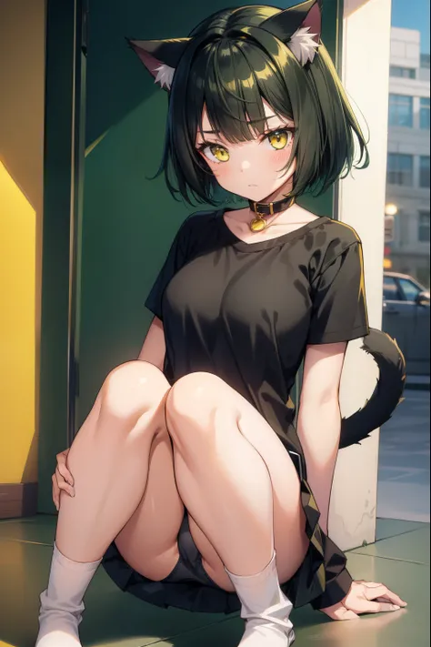 cute girl, Short dark green hair, yellow eyes, cat ears, cat collar, cat tail, cat hands, cat legs, underwear, adult girl