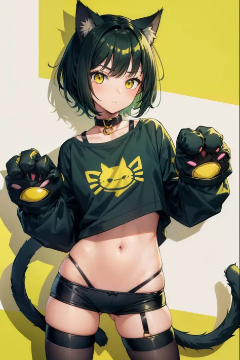 cute girl, Short dark green hair, yellow eyes, cat ears, cat collar, cat tail, cat hands, cat legs, underwear, adult girl