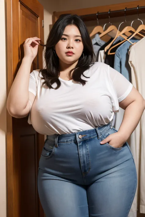 One person, formerly slender woman, currently with a weight of around 80 kilograms, visibly overweight, struggling to fasten the zipper of jeans once easily worn, scene depicts disappointment in front of the home closet.