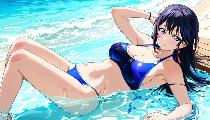 Anime girl in a blue bikini lying in the pool, realistic bikini, Wallpaper Anime Blue Water, Blue Bikini, Swimsuit, Very detailed ArtGerm, Smooth Anime CG Art, [ 4 k digital art ]!!, Ilya Kuvshinov. 4 k, Makoto Shinkai and ArtGerm, beautiful alluring anime...