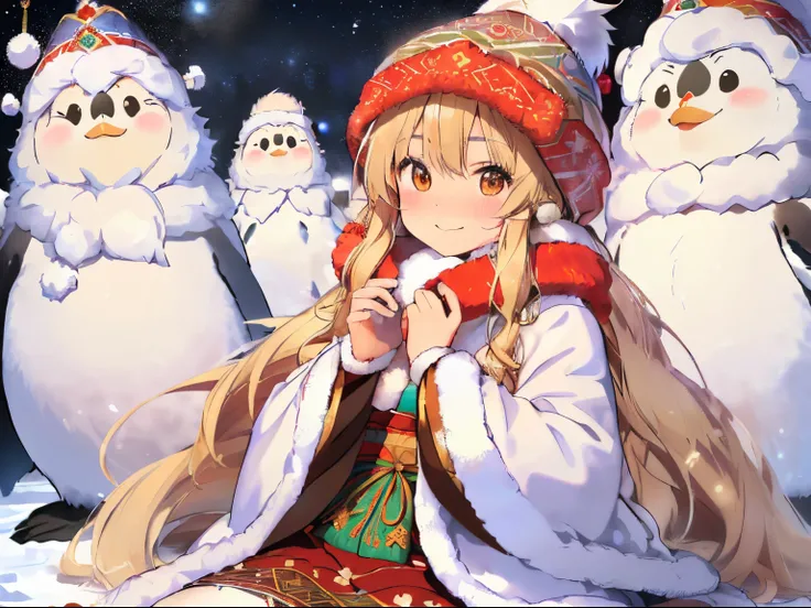 (Fluffy long blonde hair),(Curled Hair),((Thin blonde hair)),((Brown eyes)),(Mongolian winter folk costumes),((Fluffy volume bohemian winter clothes)),((eskimo hat)),(A place like Antarctica covered in ice),(Lots of cute animals such as penguins and seals)...