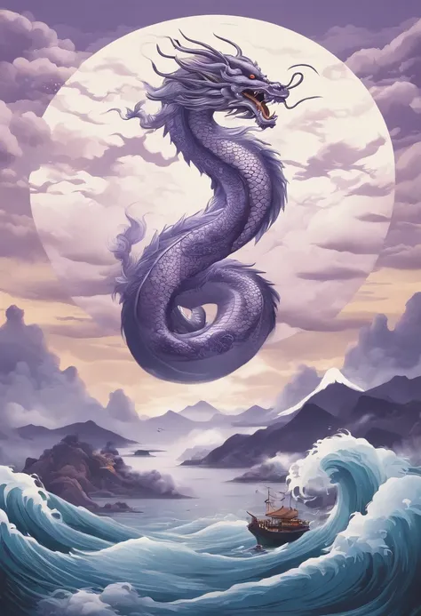 This ukiyo-e style poster design features a purple ocean, Purple Chinese dragon in ink painting, and a combination of dragons, As a water god, Dragon King, Living in the North Sea, Control thunderstorms at sea,Soaring in the sea of clouds,an ancient Chines...