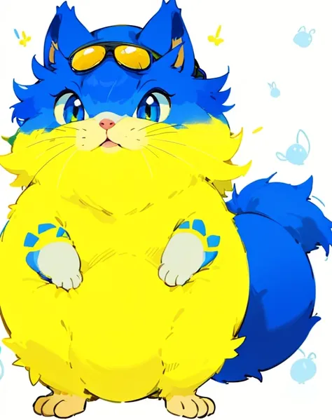 Close up of a cartoon squirrel wearing a blue hat, in blue and yellow clothes, けもの, fluffy body, blue and yellow, illustration of a cat on it, Blue and yellow fauna, Someone, squirrel, blob anime, yellow and blue, Anthropomorphic cat, Anthropomorphic blue ...