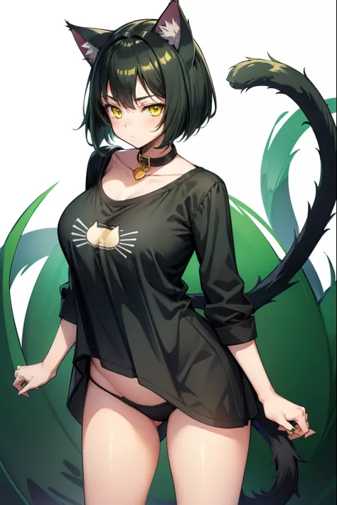 cute girl, Short dark green hair, yellow eyes, cat ears, cat collar, cat tail, cat hands, cat legs, underwear, adult girl, Big chest, Big breasts