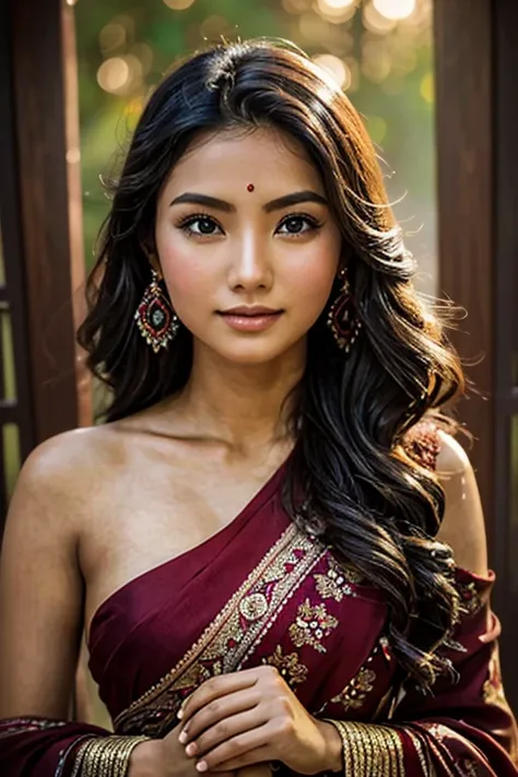 color photo of a asian girl, radiating beauty and grace. Her features are a captivating blend of elegance and natural charm. Her dark, almond-shaped eyes are framed by long, lustrous eyelashes, drawing you in with their depth and warmth. Her smooth, sun-ki...