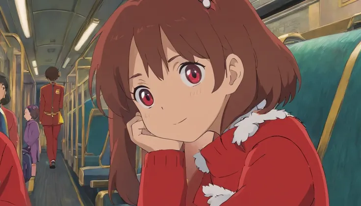 Younger sister，7 years old，Red clothes，Inside the train，talking on the seat，Close-up，Only the face