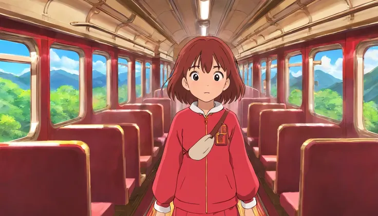 Younger sister，7 years old，Red clothes，Inside the train，