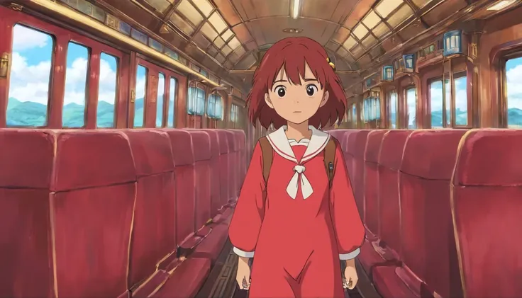 Younger sister，7 years old，Red clothes，Inside the train，