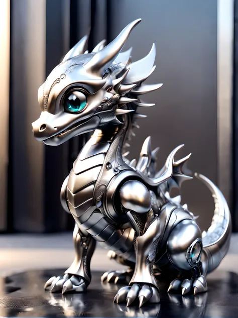 a charmingly adorable baby dragon with a kawaii twist is depicted in this metallic silver robot. the intricately designed robot ...