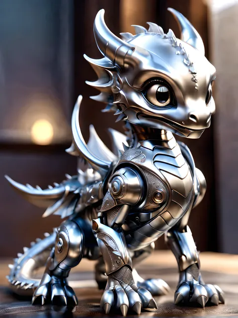 a charmingly adorable baby dragon with a kawaii twist is depicted in this metallic silver robot. the intricately designed robot ...