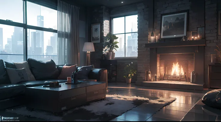 This old living room has a sofa at night ,The transparent glass window of the TV on the wall illuminates the dark night environment, A place with a fireplace, Provide a warm and comfortable environment around you((Best quality at best))((Best quality at be...