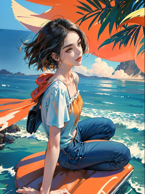 Orange and Indigo Keynote Speech、Vibrant colors、((​masterpiece)))、(((top-quality)))、((ultra-detailliert))、(A hyper-realistic)、(highly detailed CGillustration）、Official art、CD cover、seaside、It will be、Mid summer、Stylish、glorious 1980s、Cool Beauty、cochetti g...