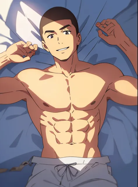 shinkai makoto, kimi no na wa., 1boy, buzzcut,bed sheet, muscular, smile 😁, black eyes,cowboy shot, on back, bedroom, POV