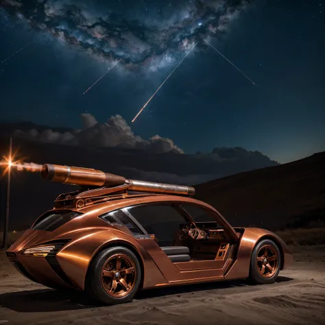 futuristic Space craft, Copper coloured, (long cigar shape) windows at the front, two engines at the back and two at the front, ((night sky with a nebula and stars background)),(masterpiece:1.2) (photorealistic:1.4) photorealistic, Extremely Realistic, Lon...