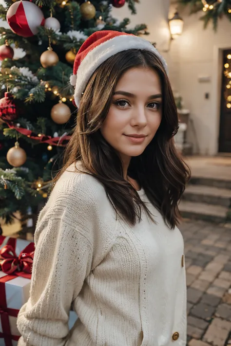 a haapy girl near the tree chiristmas